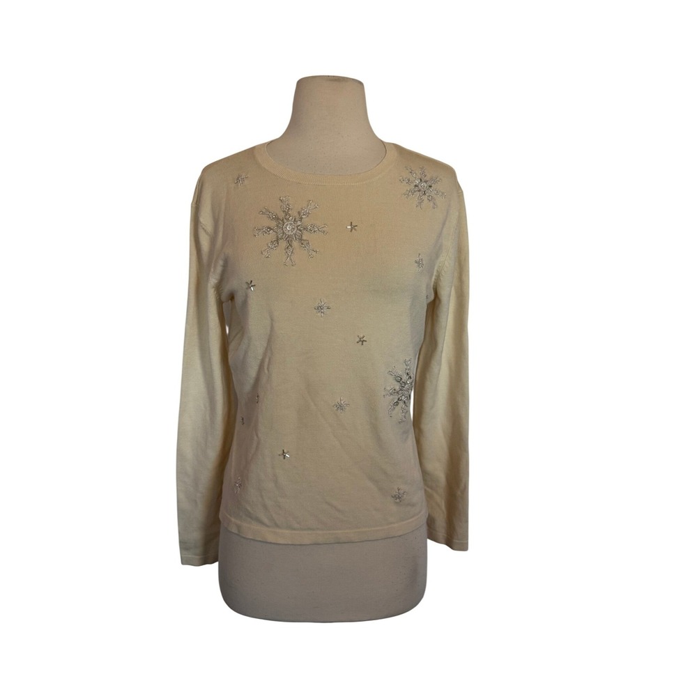 Merry & Bright Cream Snowflake Beaded Sequin Knit Sweater Womens Medium Holiday
